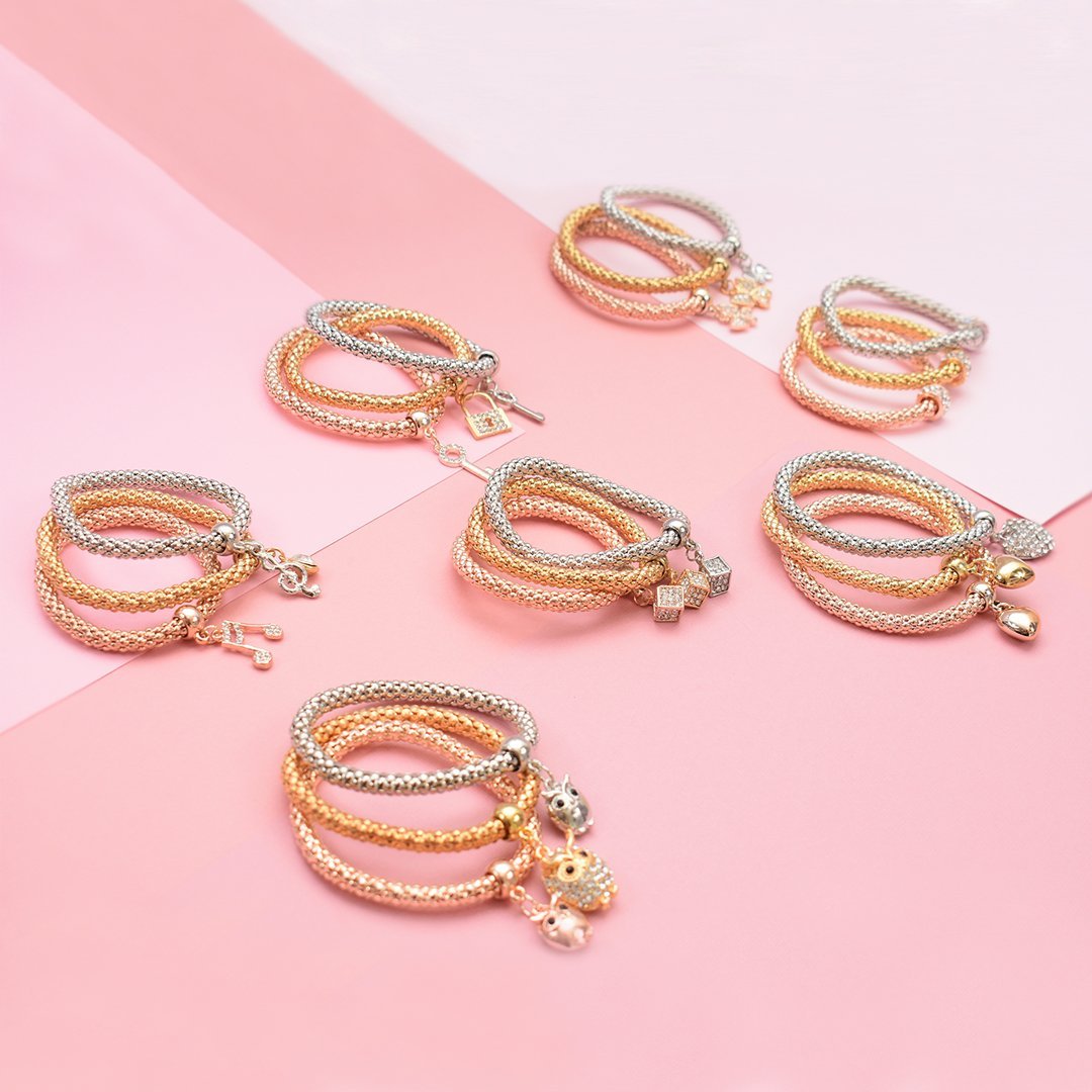 Bubble Hearts Bracelet Set — 3-Piece Mixed Metal Stack Bracelets