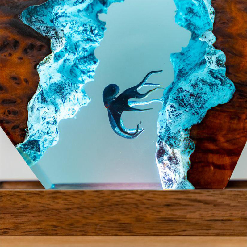 3D Diver & Octopus Resin Night Lamp — Handmade Epoxy USB Night Light Decoration