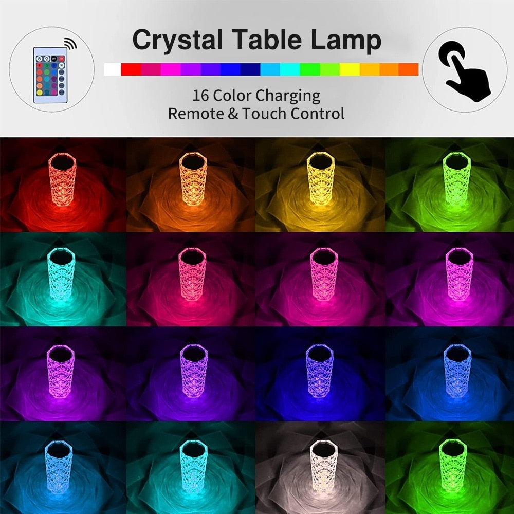 LED Crystal Table Lamp — 16-Color Touch Control Diamond Light for Home Decor