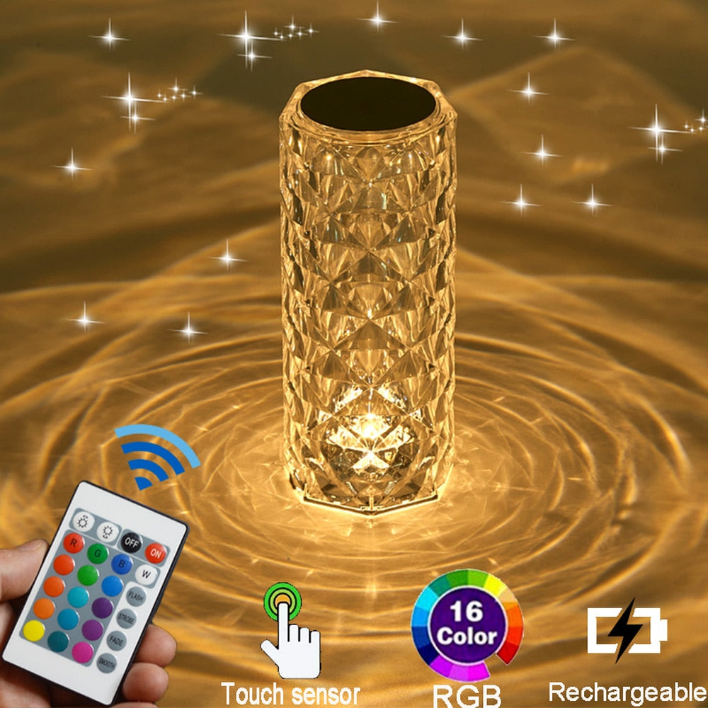 LED Crystal Table Lamp — 16-Color Touch Control Diamond Light for Home Decor
