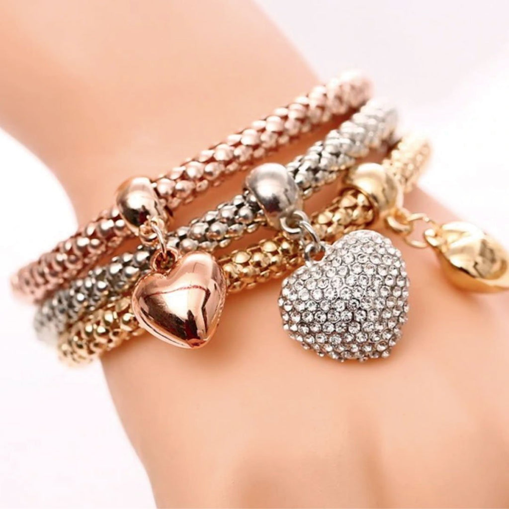 Bubble Hearts Bracelet Set — 3-Piece Mixed Metal Stack Bracelets