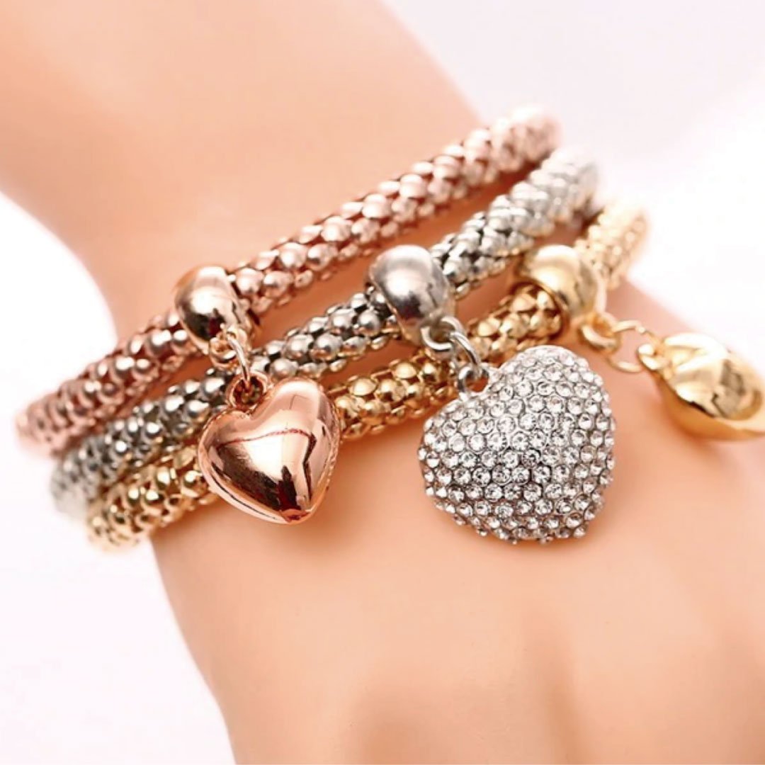 Bubble Hearts Bracelet Set — 3-Piece Mixed Metal Stack Bracelets